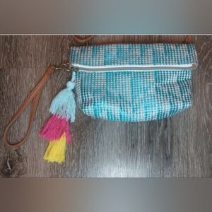 Boho Turquoise Colorful Crossbody Purse Pom Pom Wristlet Woven Fun Hippy Retro